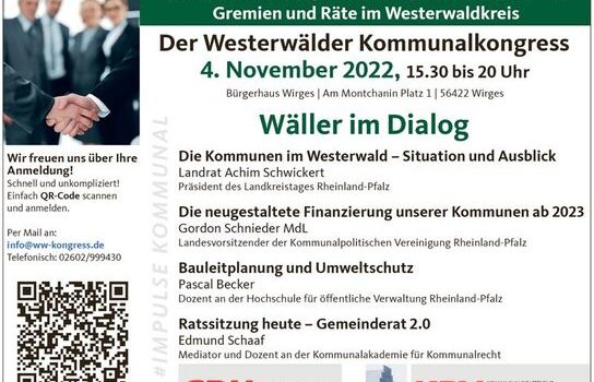 Westerwälder Kommunalkongress: am 4. November 2022 ab 15.30 Uhr „Wäller im Dialog“ im Bürgerhaus Wirges